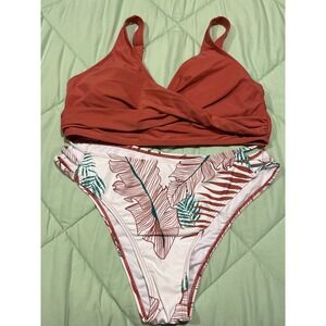 Cute Tropical Leaf High-Waisted Bikini Size L